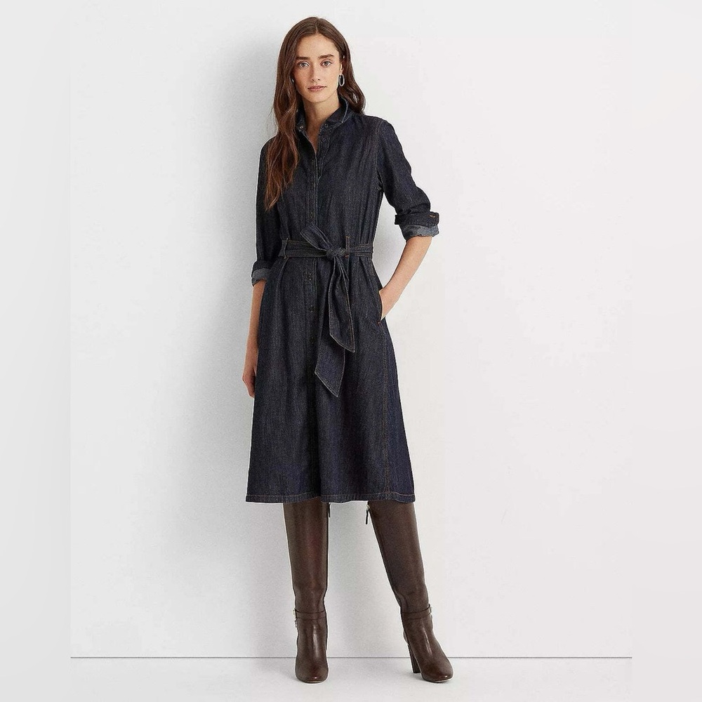 Lauren Ralph Lauren Denim Belted Shirt Dress In Dark Rinse Indigo‎ Size 14 NWT